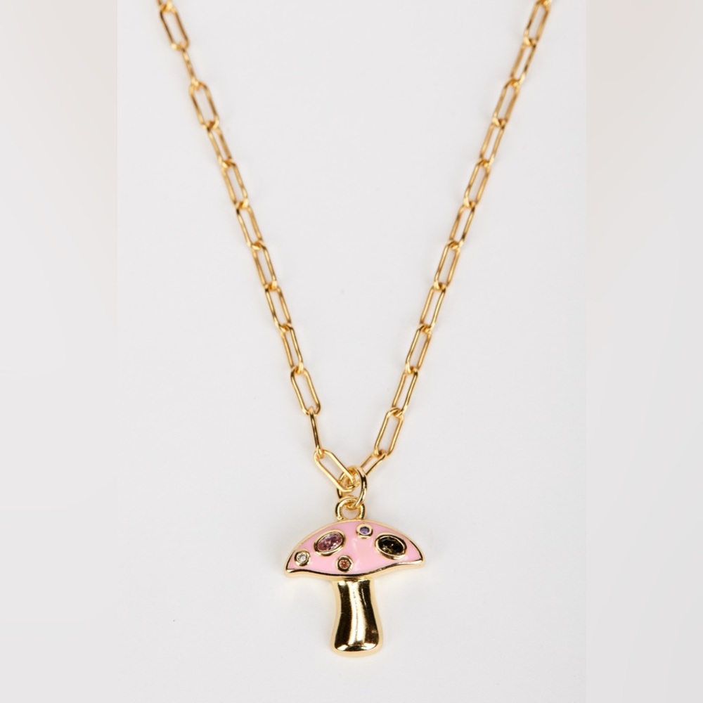 18K Gold Filled Pink Mushroom Enamel Pendant Micro Cz Pave Mushroom Necklace